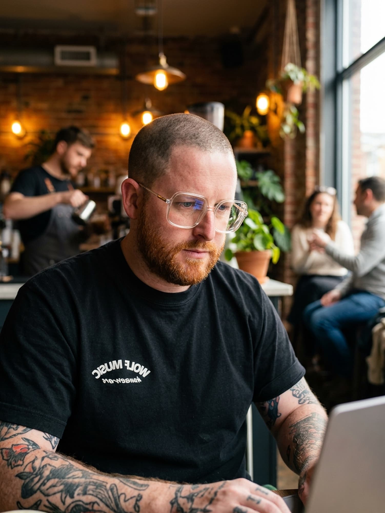 Jay Hughes at a laptop in a coffee shop, working through notes.